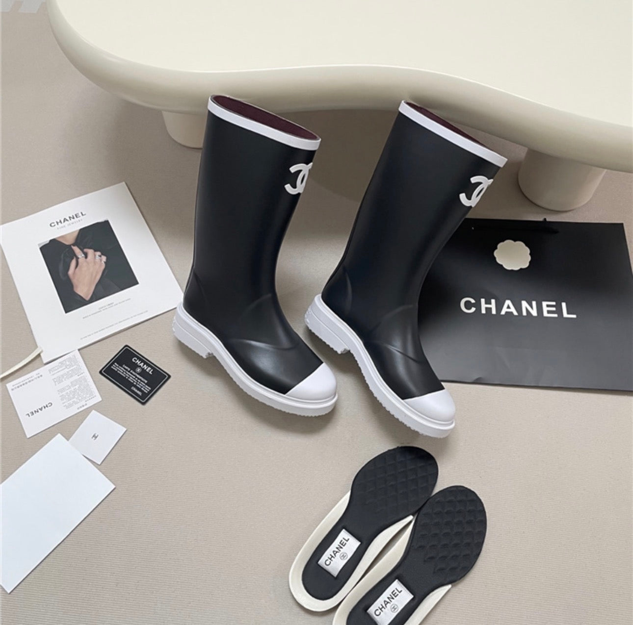 Chanel White Lined Rain Boots