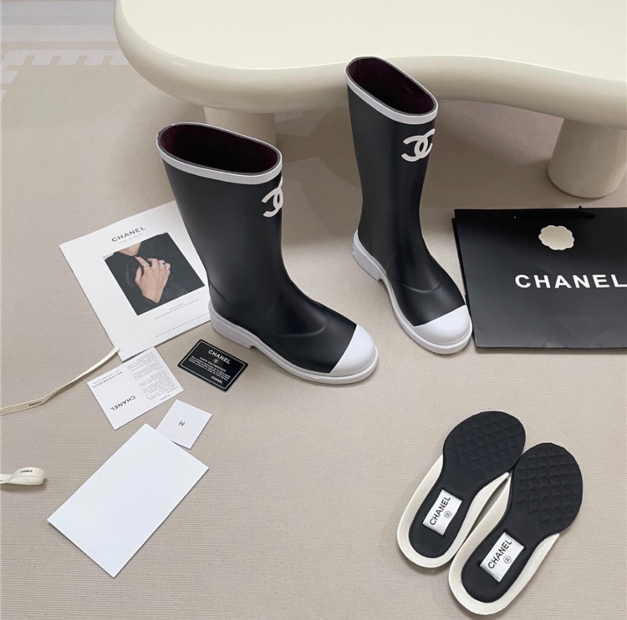 Chanel White Lined Rain Boots