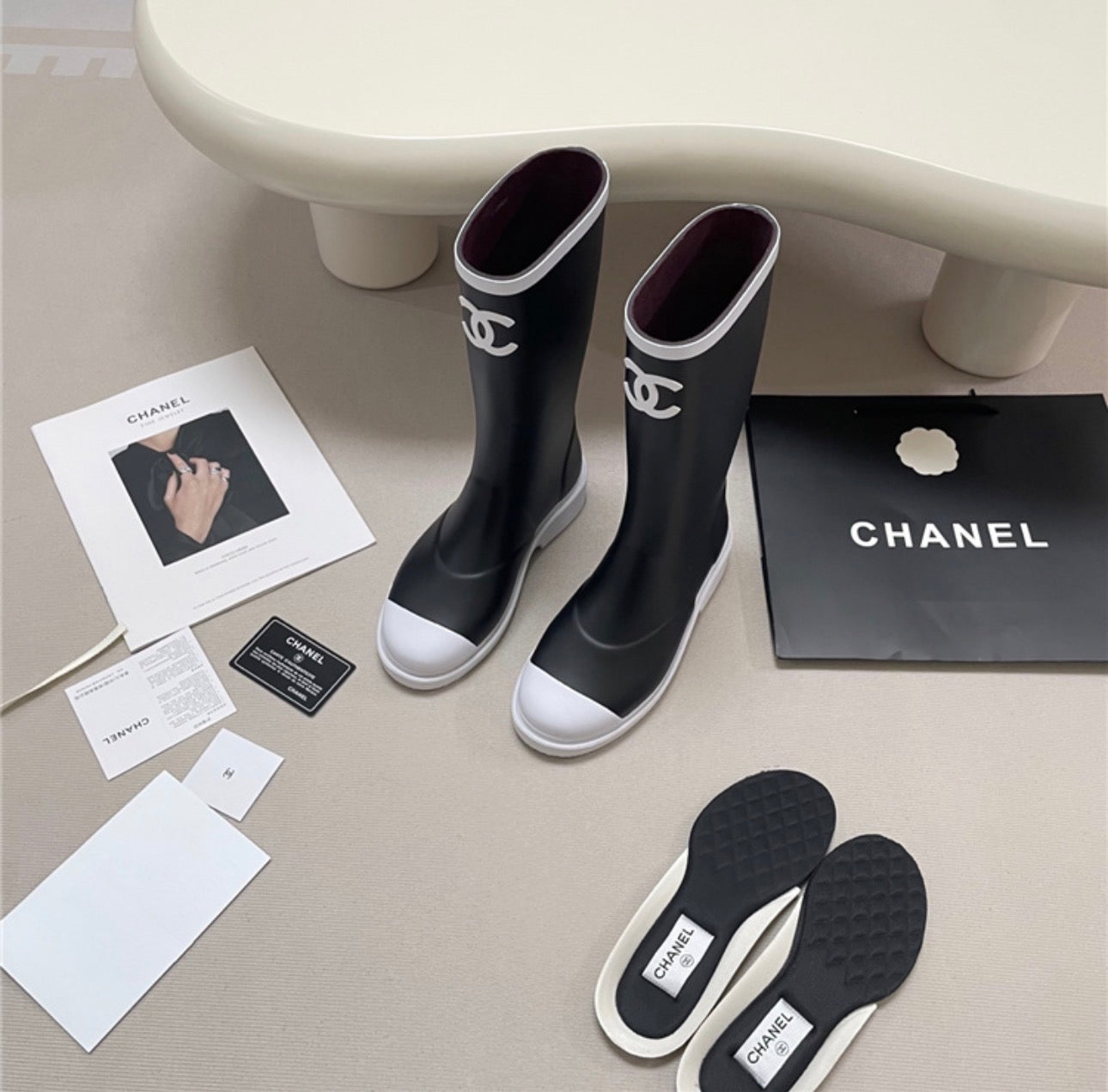 Chanel White Lined Rain Boots