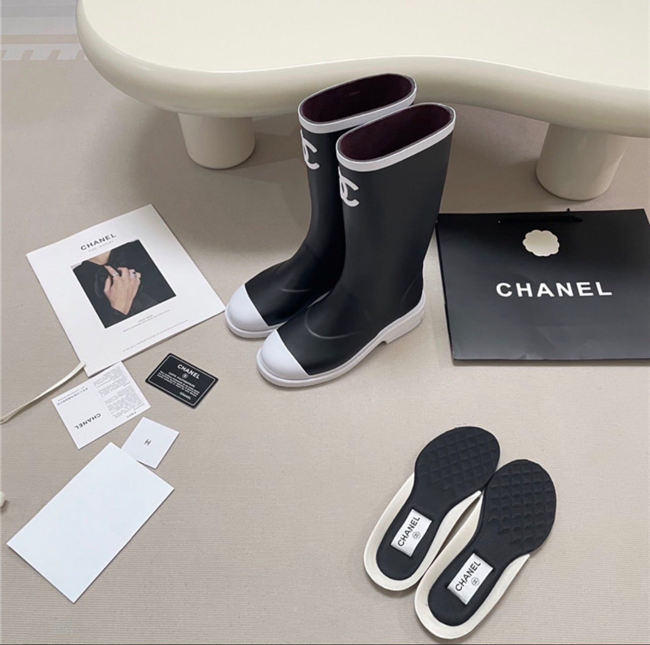 Chanel White Lined Rain Boots
