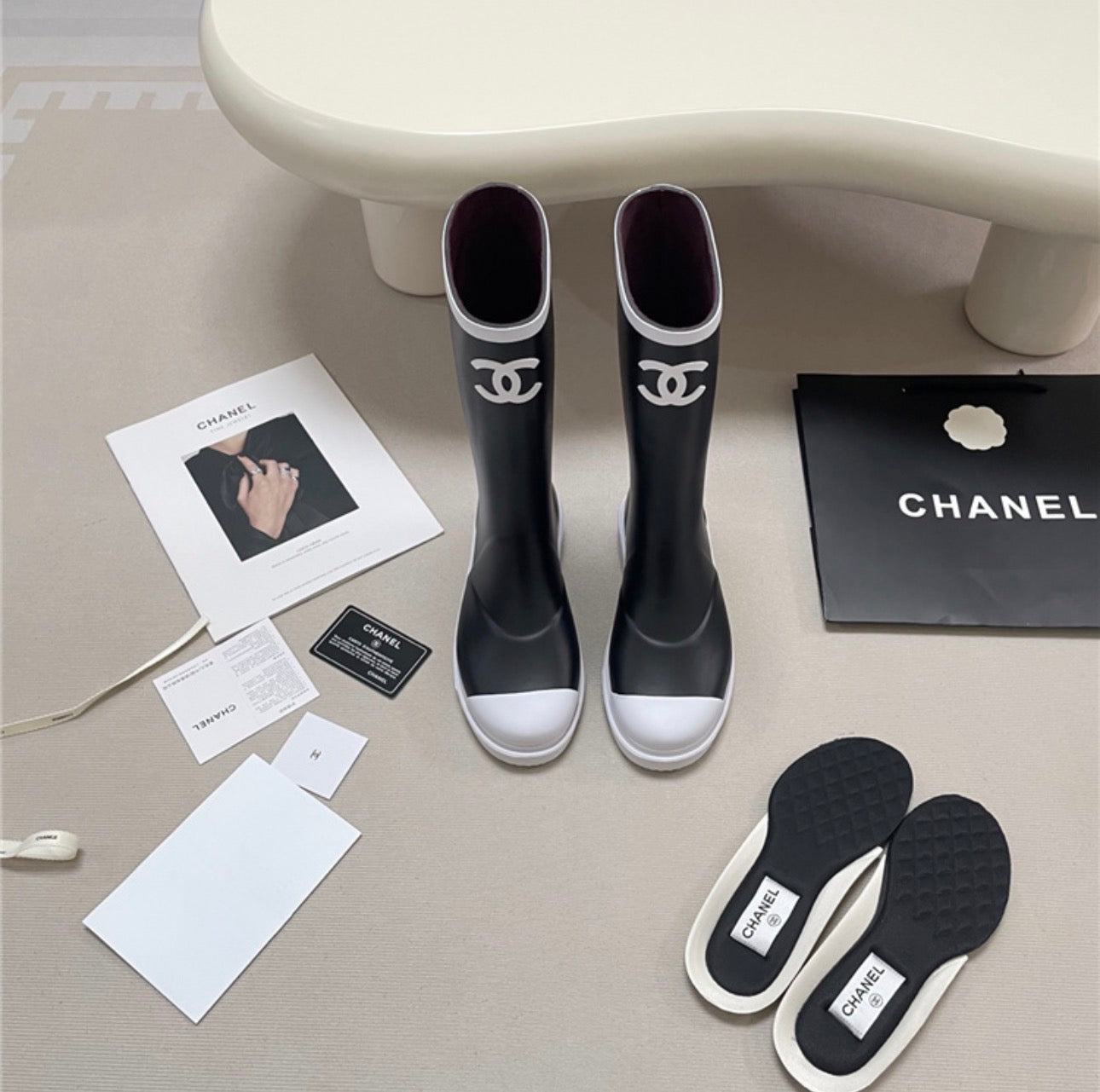 Chanel White Lined Rain Boots