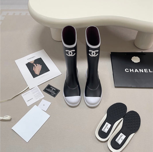 Chanel White Lined Rain Boots