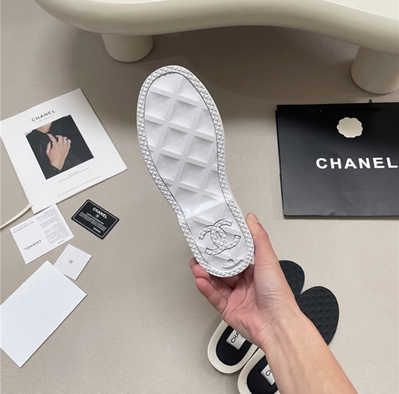 Chanel White Lined Rain Boots